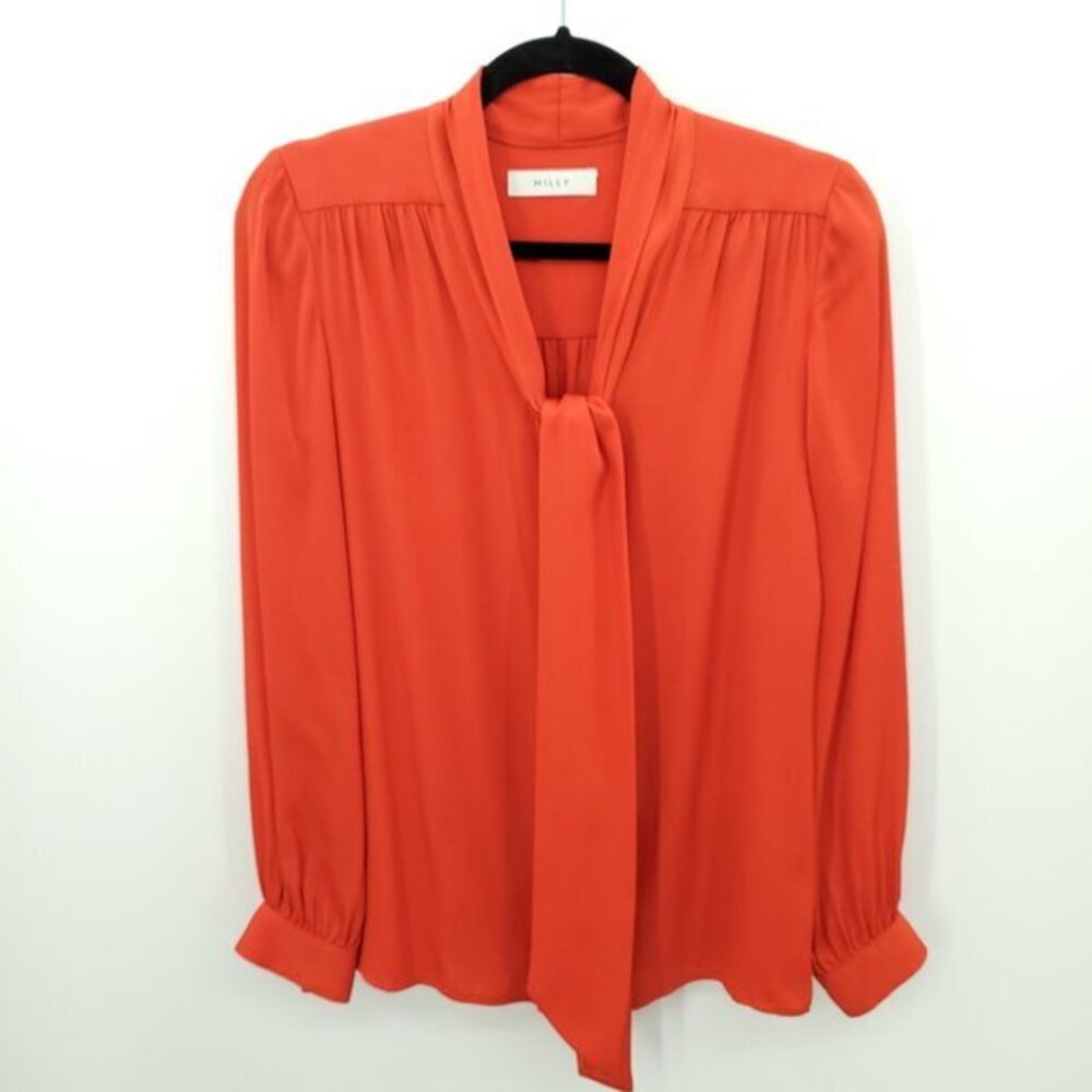 Milly Bright Orange Tie-Neck Blouse